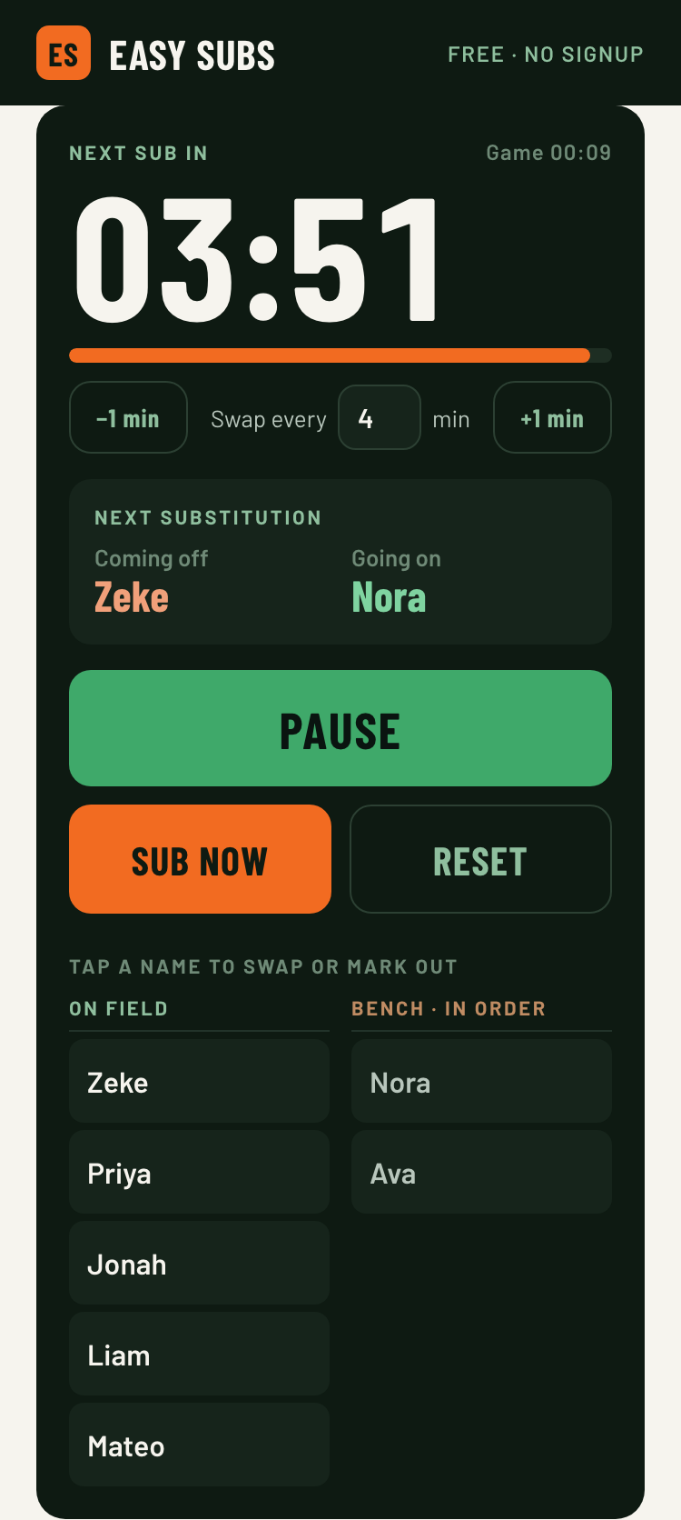 The live screen with the new −1 min and +1 min buttons either side of an editable 'Swap every' field, above the countdown clock.