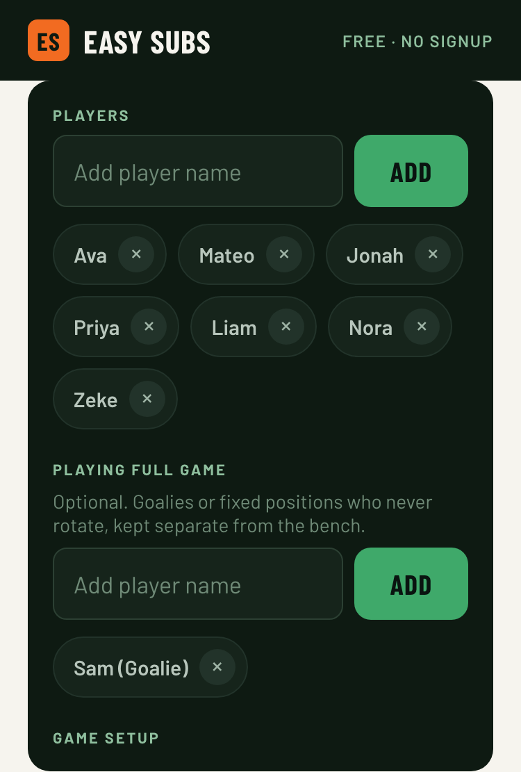 The setup screen showing the Playing full game section below the main roster, with a Sam (Goalie) chip added.